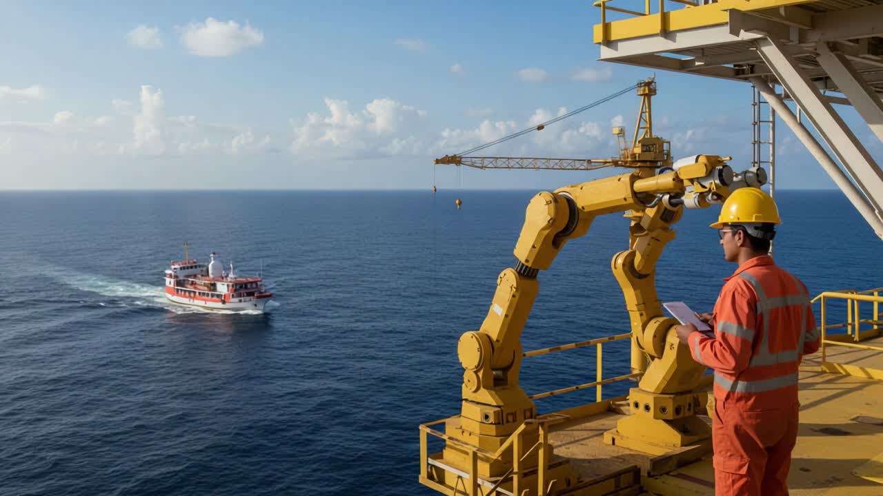 An Operator Monitors an Offshore Platform as a Supply Vessel Approaches, Showcasing the Integration of Technology and Marine Operations in Oceanic Environments