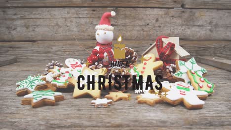 animation of merry christmas text over christmas cookies