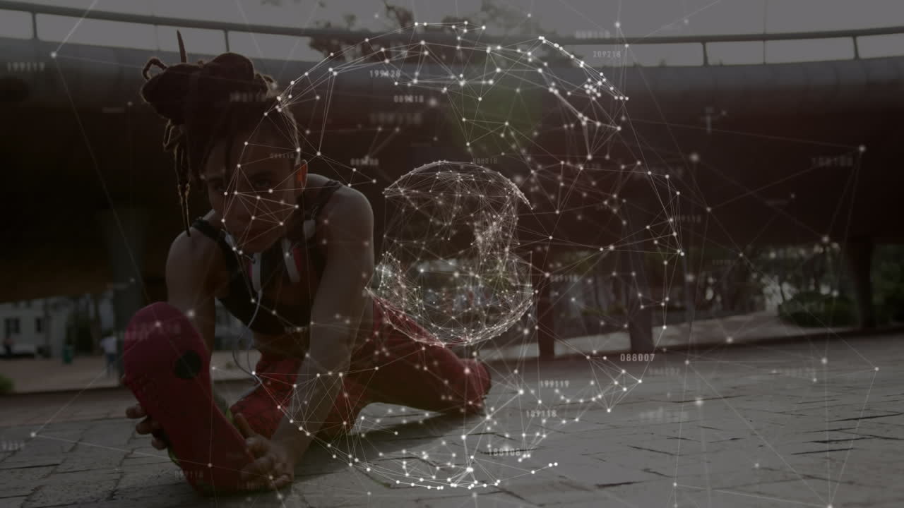 animación de la red de conexiones sobre mujeres que hacen ejercicio al aire libre