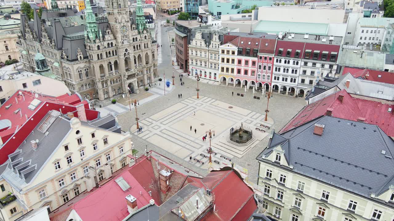 Czech architecture and town square shown from above on calm cloudy summer day