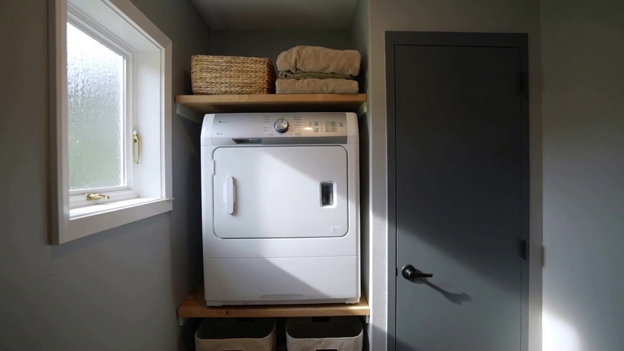 Moving camera drawing closer to dryer on wooden shelves in narrow laundry alcove, sunlight shifting