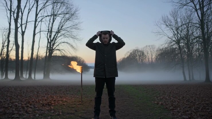Stretching hooded man pulling hood up on park path at dawn for warmth, with lit torch