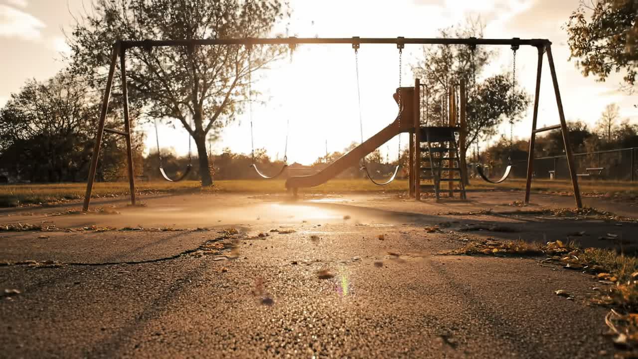 A Serene Evening at the Playground: Capturing the Tranquil Atmosphere as the Sun Sets Over the Swings and Slide in a Beautiful Outdoor Space