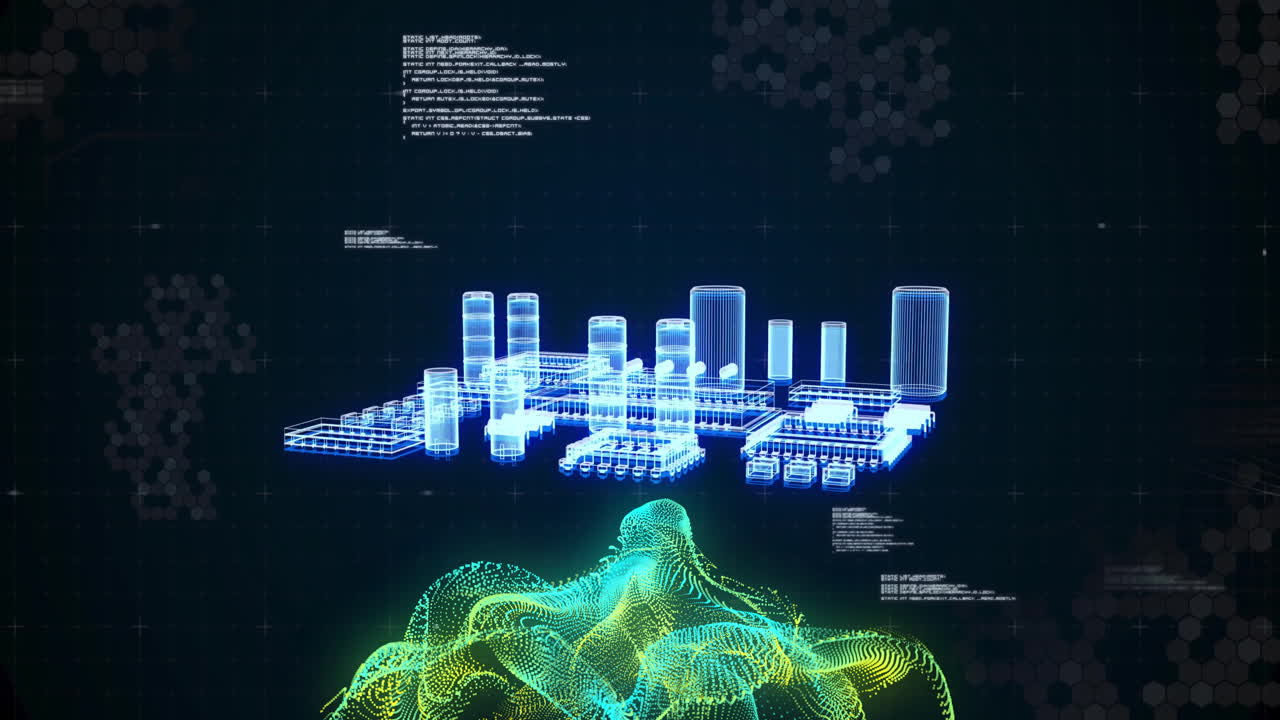 Futuristic cityscape with digital landscape, data processing animation over terrain