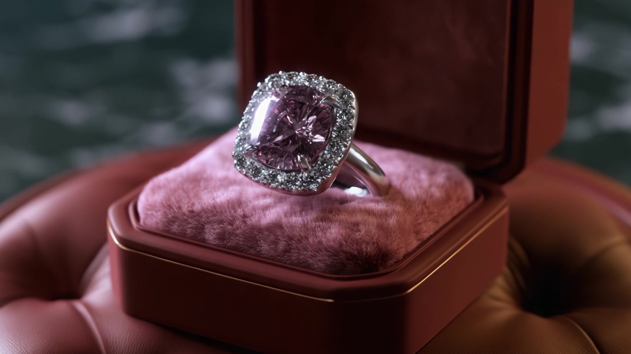 Exquisite Pink Diamond Ring Displayed in Elegant Red Velvet Box, Highlighting the Craftsmanship and Glamour of Fine Jewelry Design