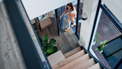 happy family, door and running up stairs in new