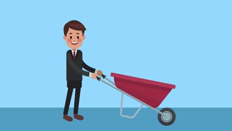 elegant businessman worker with wheelbarrow and bills