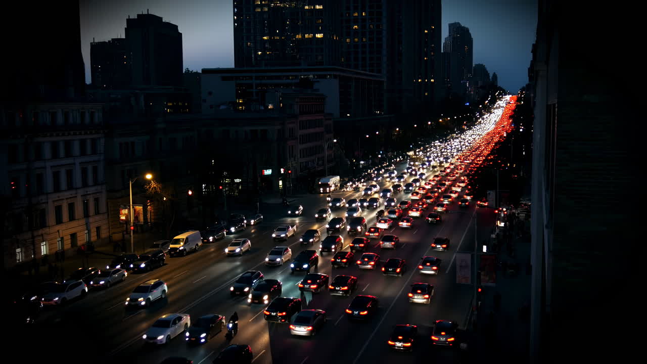 Autoroute urbaine en soirée avec une circulation dense, un défilé de feux arrière rouges et de phares blancs s'étendant.