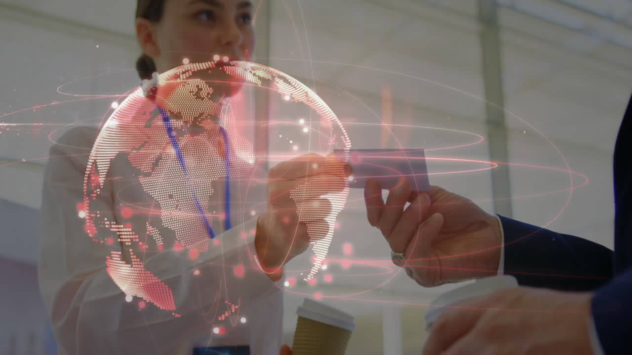 Business people exchanging ideas over digital globe animation in office setting