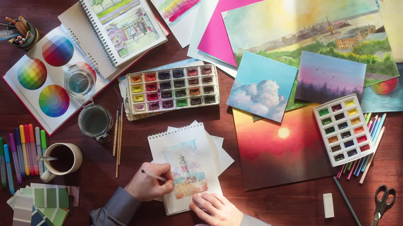 Artista dibujando un faro con acuarelas en un escritorio de espacio de trabajo creativo
