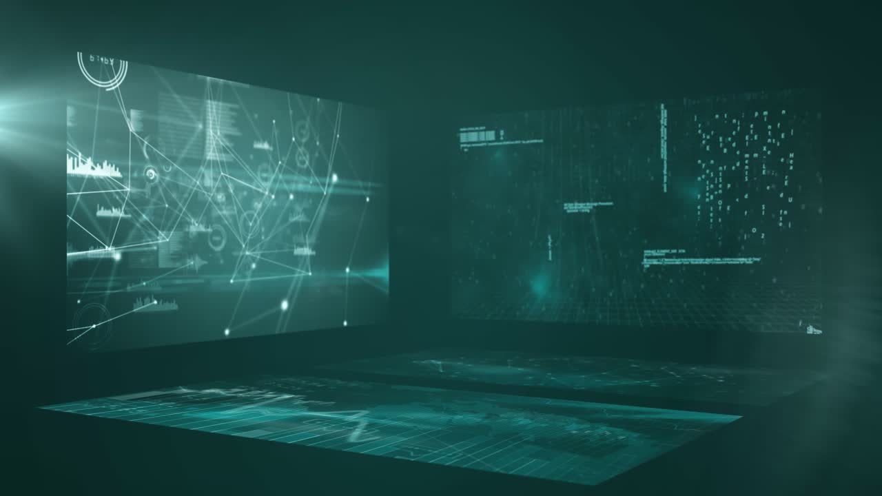 Animation of multiple screens with data processing over light spot against green background