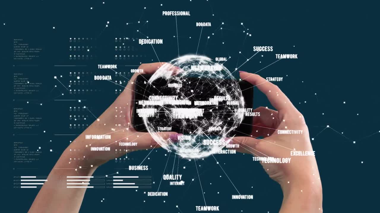 스마트 폰을 들고 있는 사람 위에 비즈니스 텍스트와 연결된 네트워크의 전지구의 애니메이션