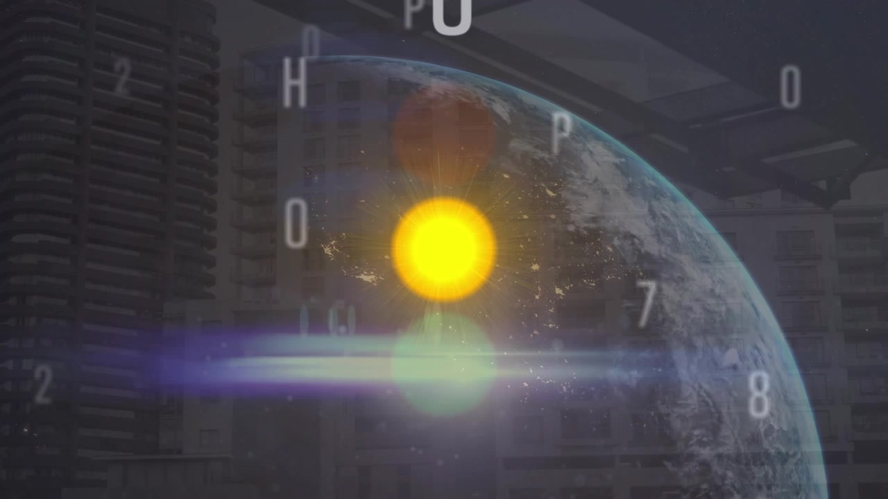 Animación de números crecientes y gráficos diversos sobre la ciudad.