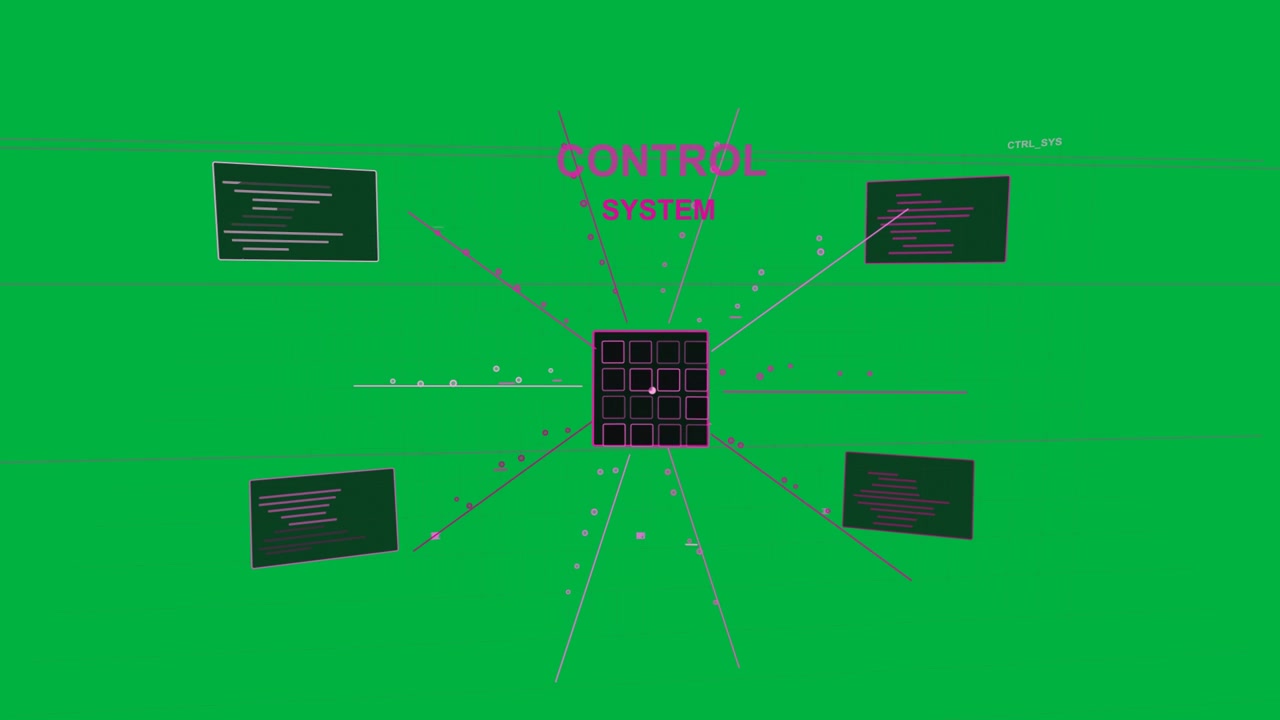 Sort ramme fader ud, magenta kontrolcenter starter op, pulserende links sender data, gennemsigtig baggrund.