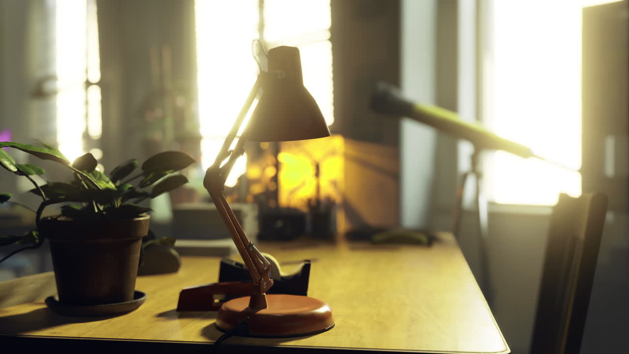 Cozy workspace with warm lighting and a plant beside a lamp
