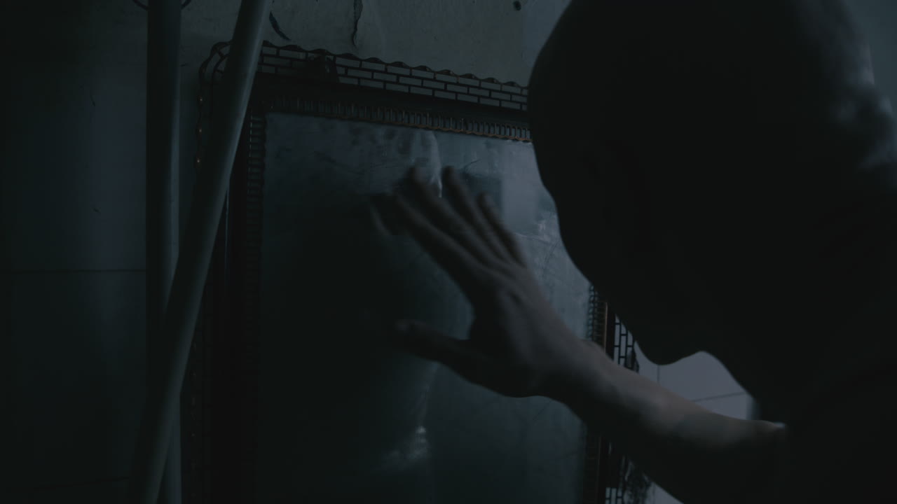 Un uomo pallido, calvo e magro si guarda allo specchio nel vecchio bagno inquietante di notte.