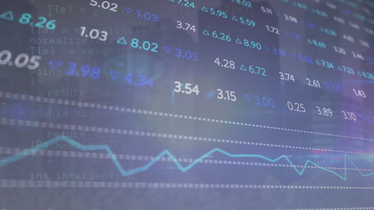 Animazione di elaborazione dati del mercato azionario su un punto luce su sfondo blu