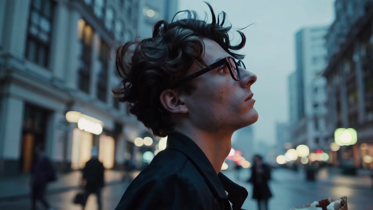 Young man with curly hair and glasses walking through a bustling city street at dusk, holding street food while gazing up at the illuminated buildings and their architectural details