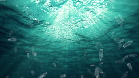 botellas de plástico submarinas basura en el océano (bucle)