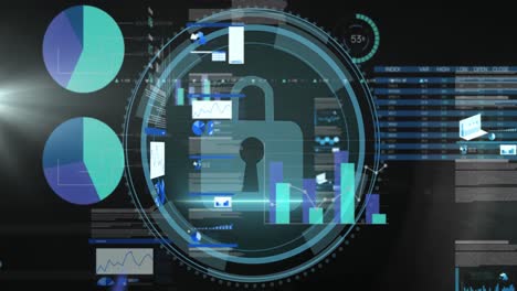 animation of cyber security text, shield, padlock in circles over multiple graphs and trading board