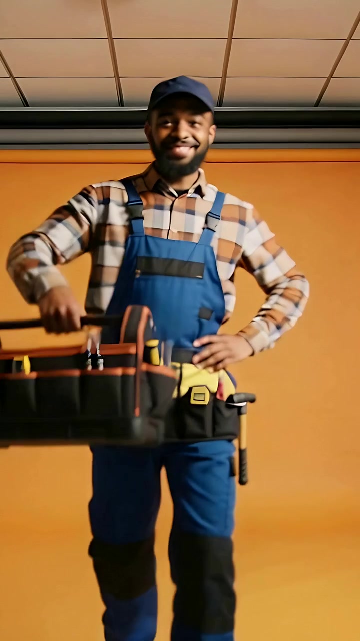 Video verticale: Uomo che cammina in tuta da lavoro muovendosi verso la telecamera in studio, telecamera in registrazione, che porta una borsa degli attrezzi.