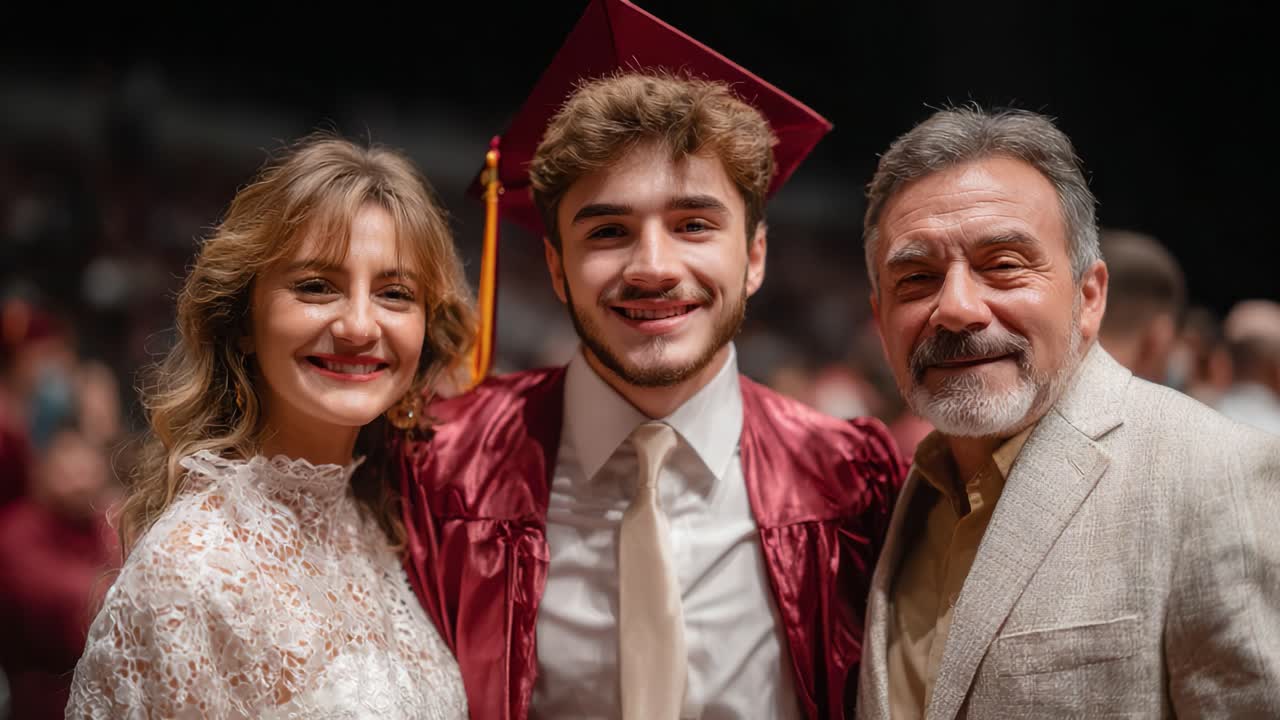 Mezuniyet Kutlaması: Cübbe ve Kep Giymiş Mezunla Ailenin Sıcak Buluşması, Başarı ve Dönüm Noktası Ruhunu Yansıtan Gülümsemeler ve Neşe.