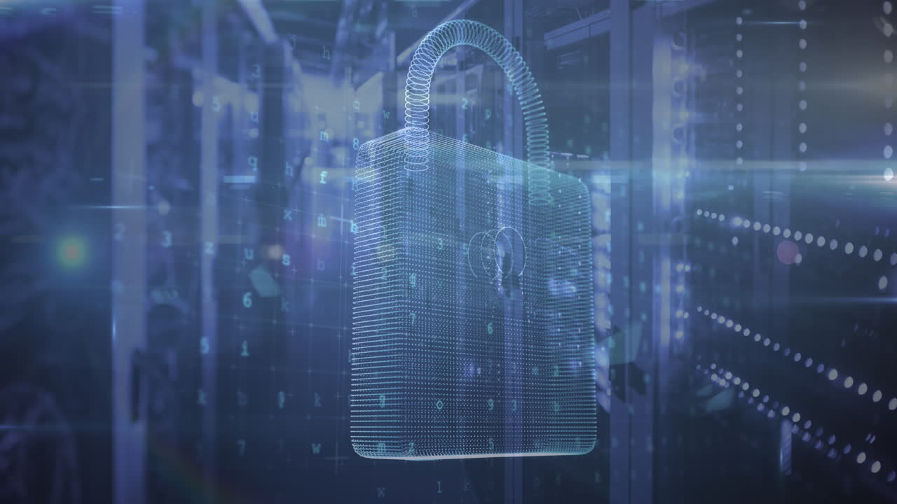 Animation of data processing and padlock over server room