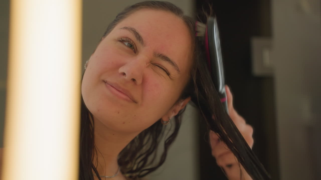Primer plano de mujer con toalla y un guiño. Retrato espontáneo de mujer cepillándose las trenzas mojadas con una sonrisa alegre. Mujer arreglándose el cabello con entusiasmo frente al espejo del hotel con un encanto juguetón y calidez.