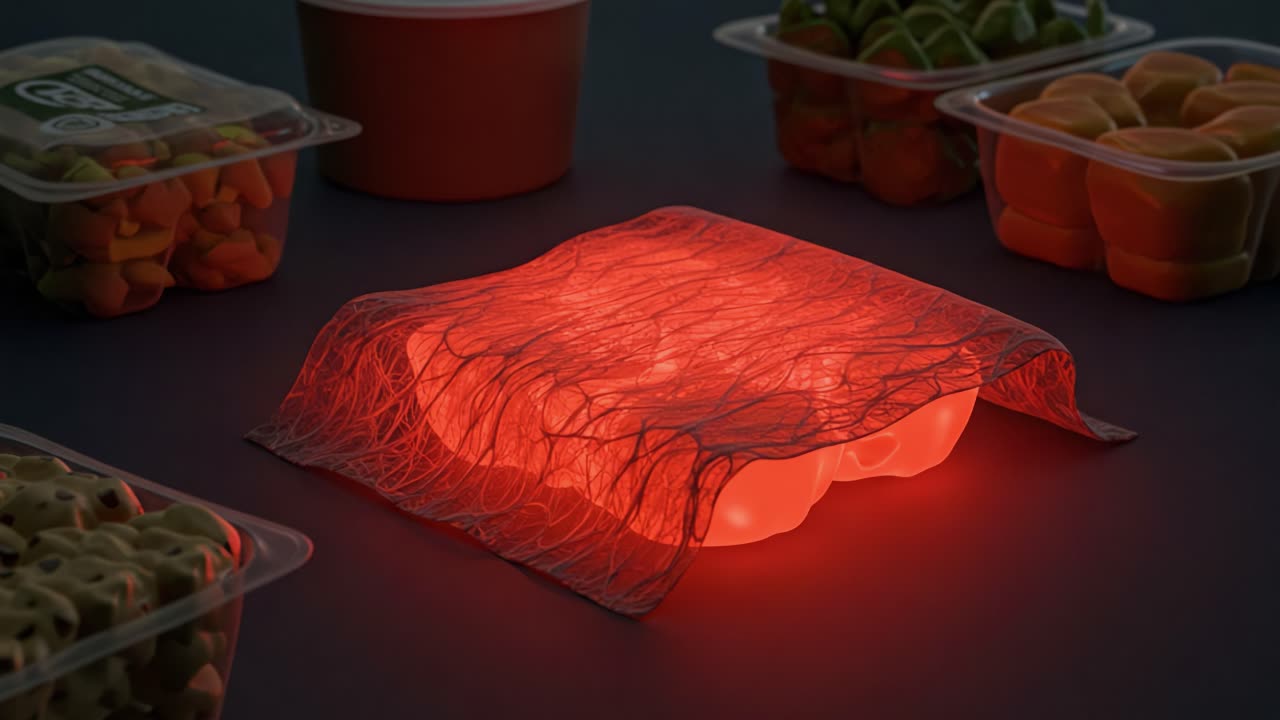 A Glowing Container Surrounded by Fresh Produce, Emitting a Soft Red Light, Creating a Unique Visual Contrast Amidst Colorful Food Packs and Atmosphere