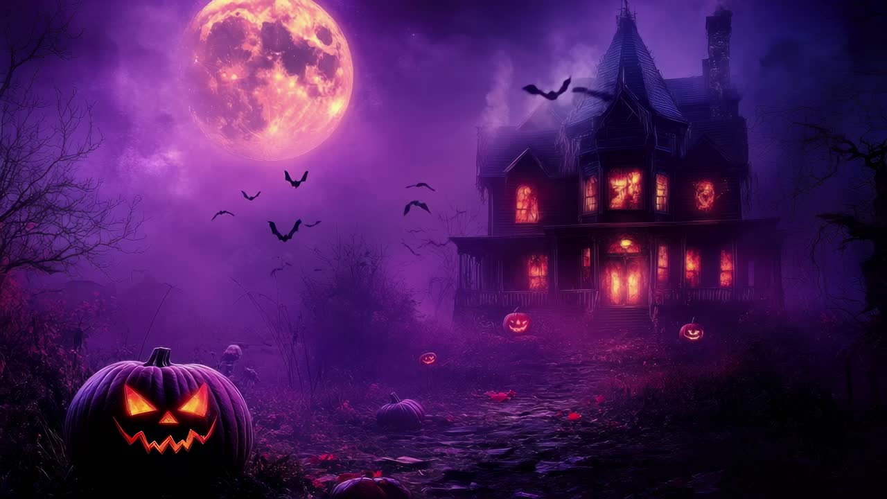 Scena spettrale di Halloween con vista dal basso di una casa infestata, zucche luminose e pipistrelli