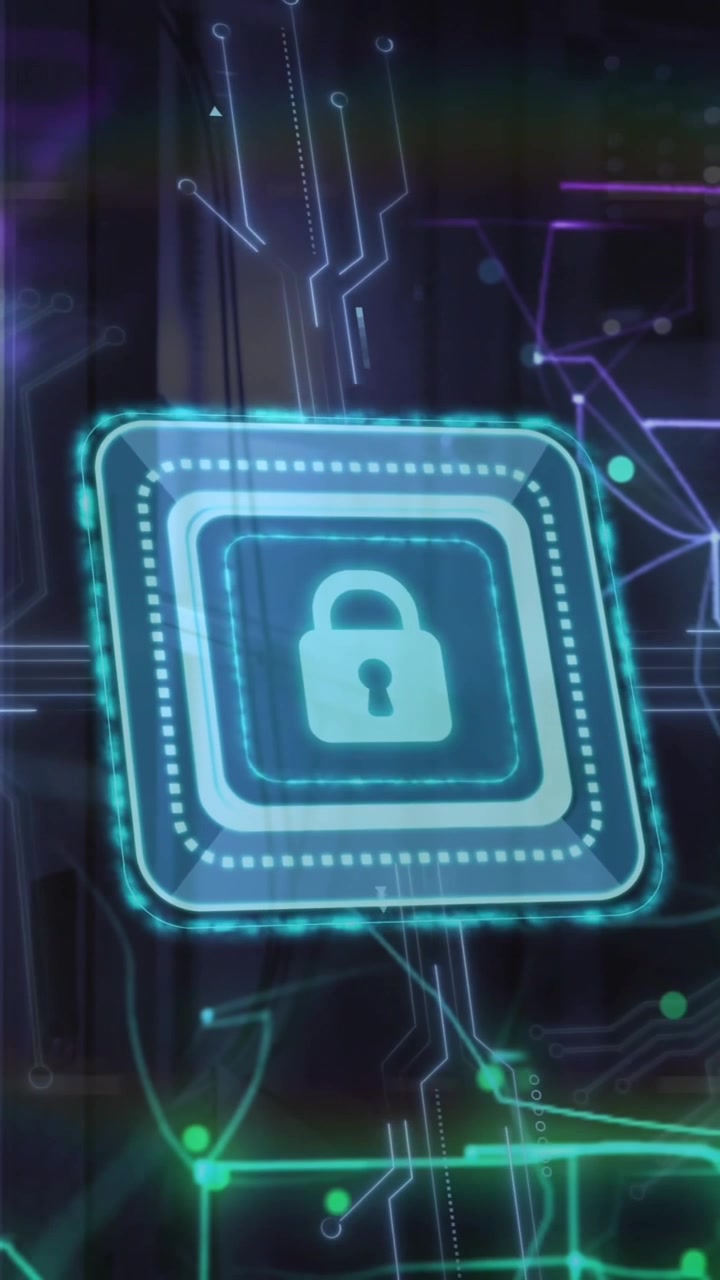 Animazione di icona di lucchetto e elaborazione dati digitali su server di computer