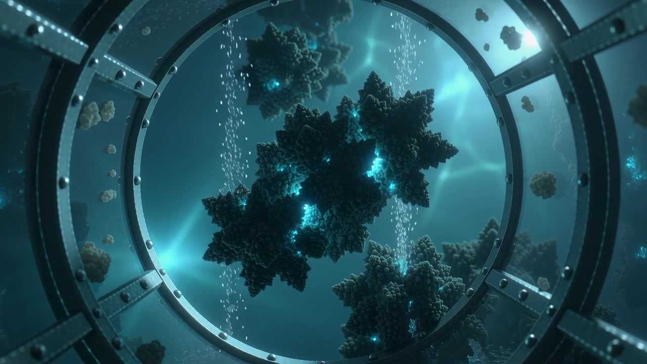 Bubbles forming near star-like cluster, pushing it through riveted porthole, revealing cyan cores