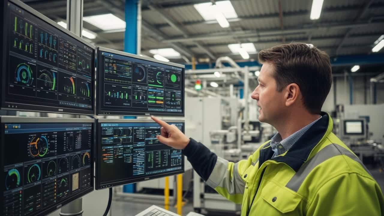 A Professional Engineer Monitoring Advanced Systems through Multiple Screens in a High-Tech Industrial Environment, Utilizing Data Analytics to Enhance Operational Efficiency