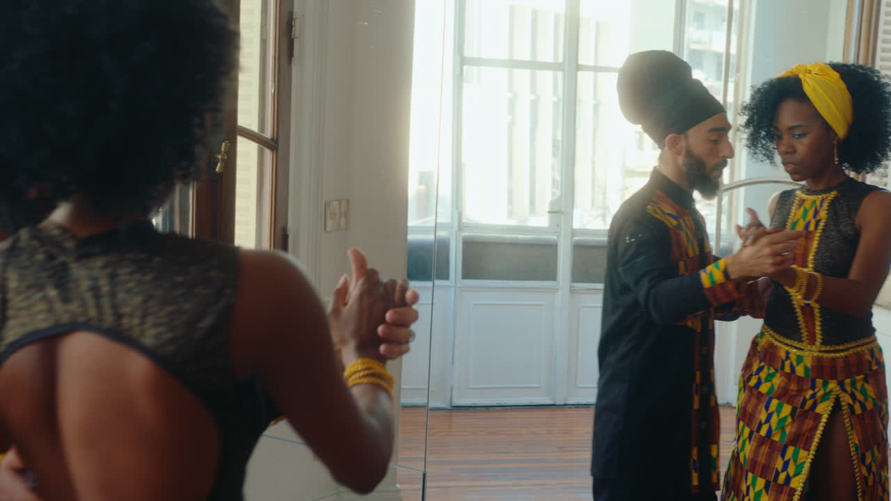 Couple Dancing Tango in Front of The Mirror at Studio