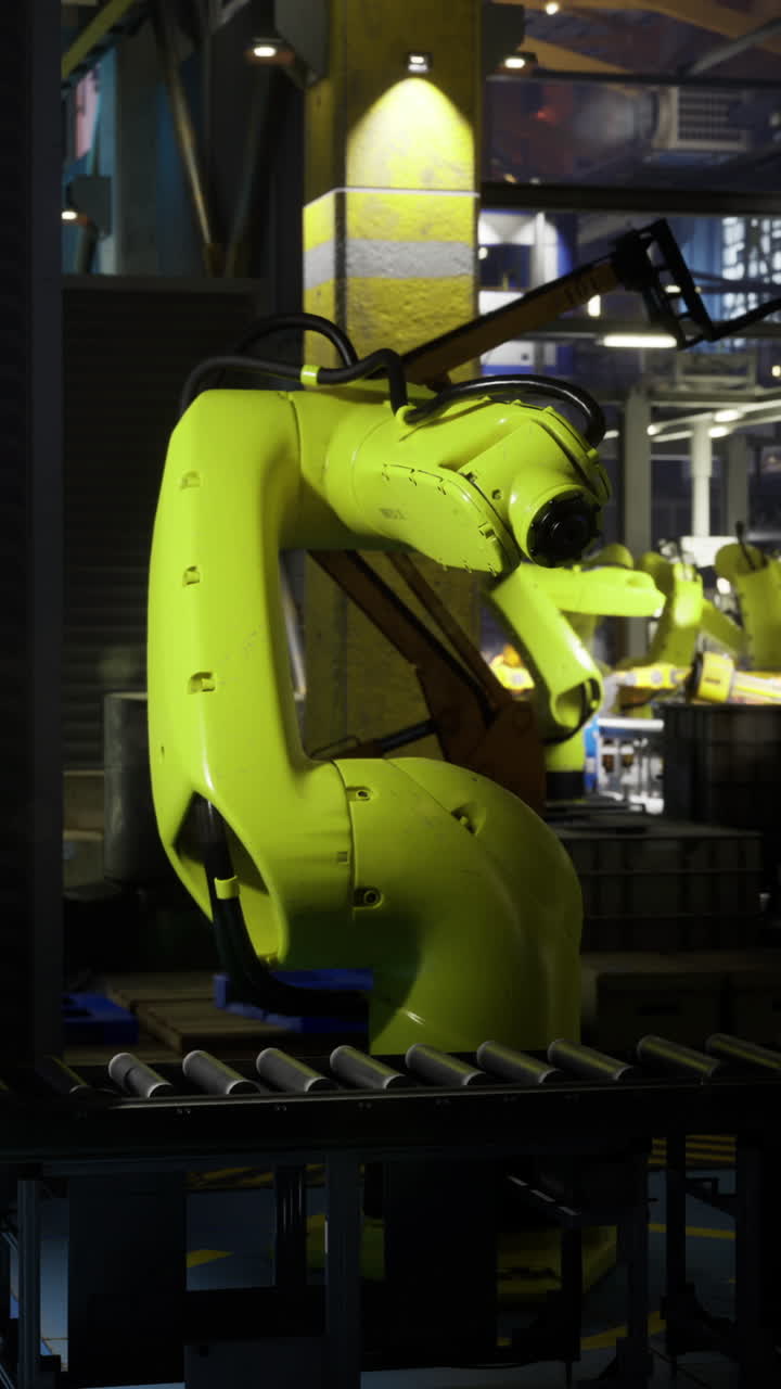 Robotic arm assembling products in a modern factory environment