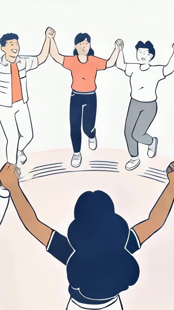 Vertical video: Dancing adult group linking hands, hopping inward in studio to celebrate, sneakers