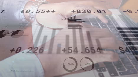 animación de datos financieros y gráficos sobre las manos de un hombre caucásico usando una computadora portátil
