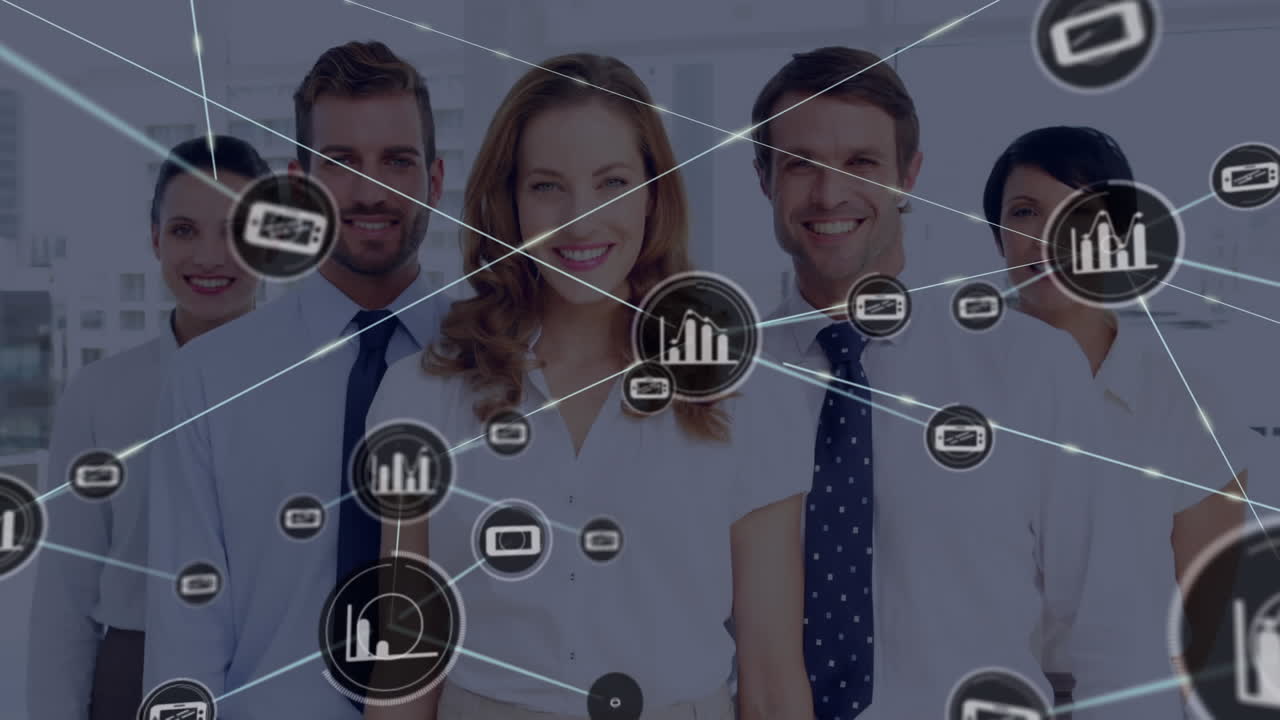 animación de la red de conexión con iconos sobre personas de negocios que usan auriculares de teléfono