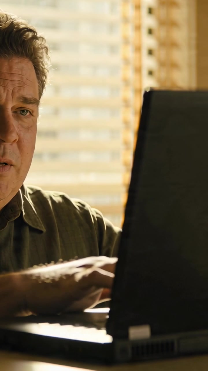 Vertical video: Reading laptop, man typing at home desk to reply, wearing olive shirt with blinds