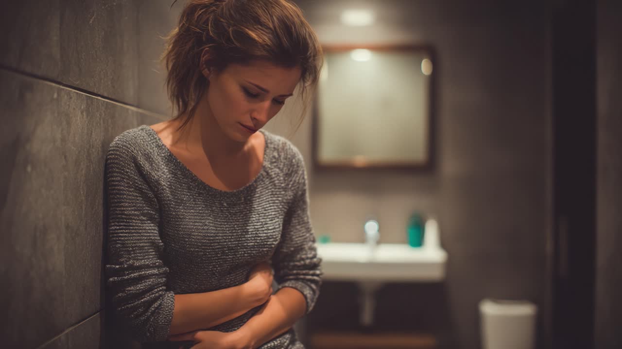 A woman in a dimly lit bathroom appears to be in distress, clutching her stomach while reflecting on her feelings of sadness and discomfort