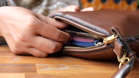 brown leather bag with gold zipper open