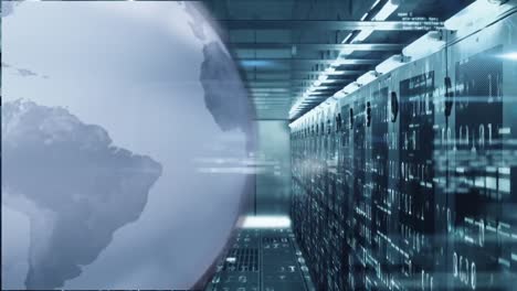 animation of spinning globe and data processing against computer server room