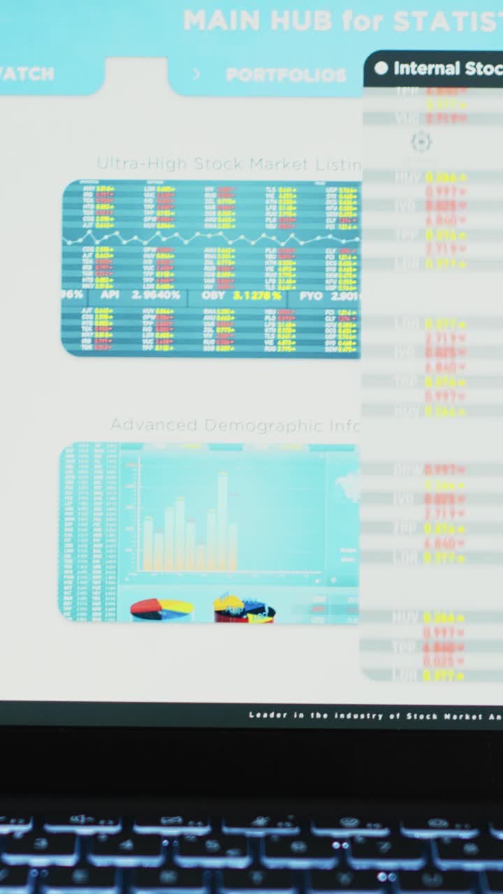 Vertical video Report on desk next to phone and laptop showing stock market diagrams, close up