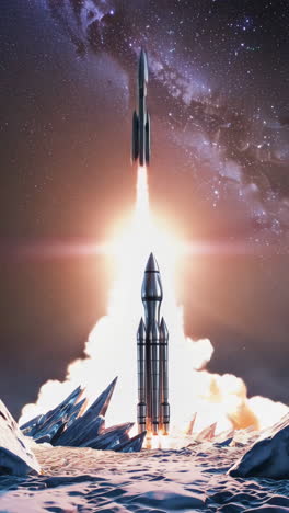 a majestic rocket launch into the starry milky way from an alien planet