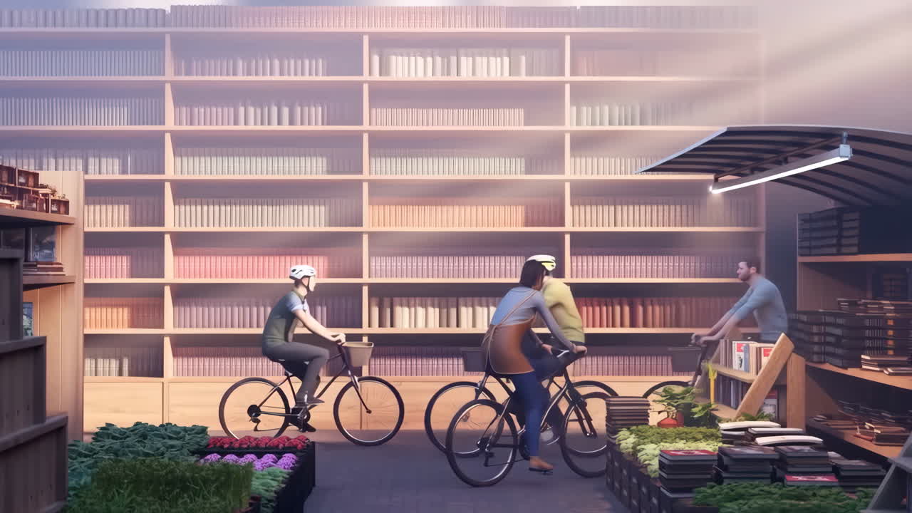 Whimsical market scene with cyclists and towering bookshelves