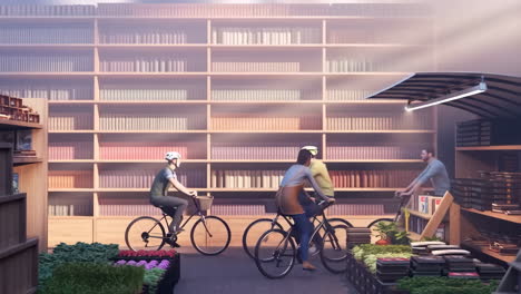 whimsical market scene with cyclists and towering bookshelves
