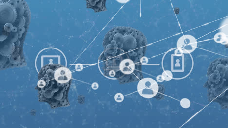 animation of network of connections over mechanical human heads