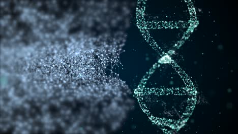 4k video of tunnel of particles and dna structure on dark background.