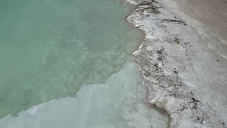 drone aéreo de arriba hacia abajo disparado sobre un lago congelado en un valle montañoso en bolivia durante el día