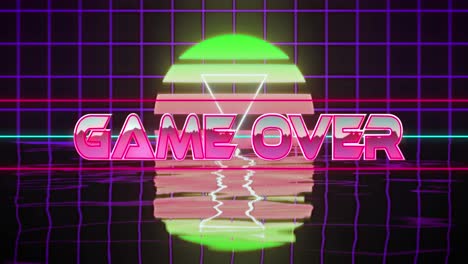 Animation-of-game-over-text-over-purple-grid-and-digital-sunset